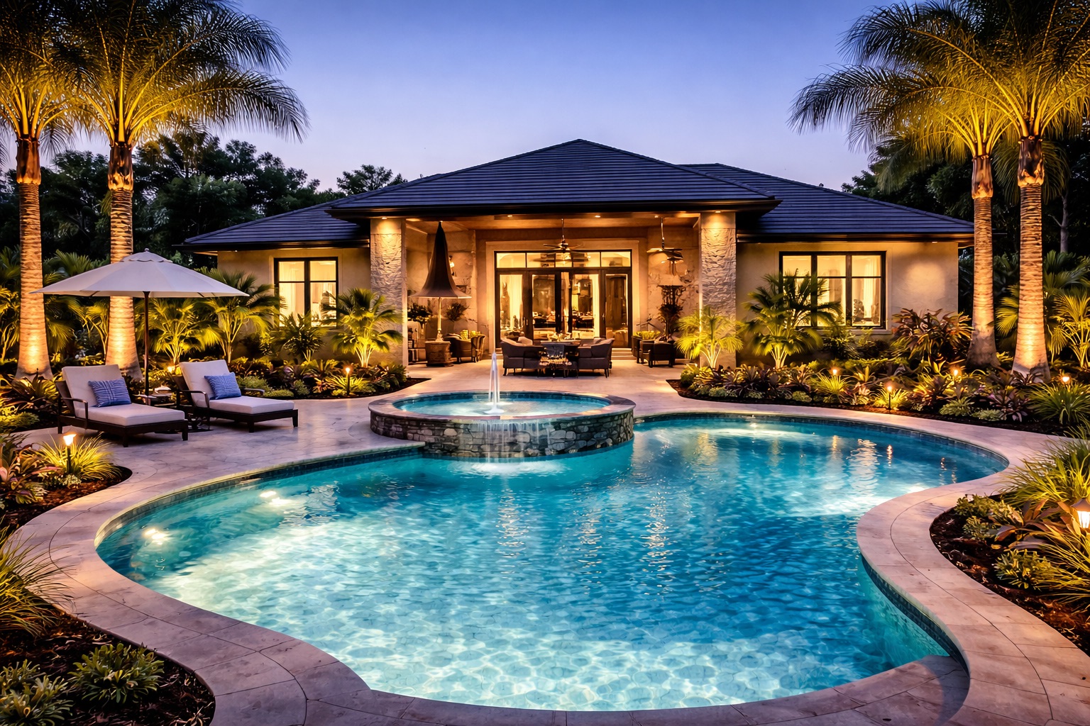 Warm lighting around an outdoor pool and living space